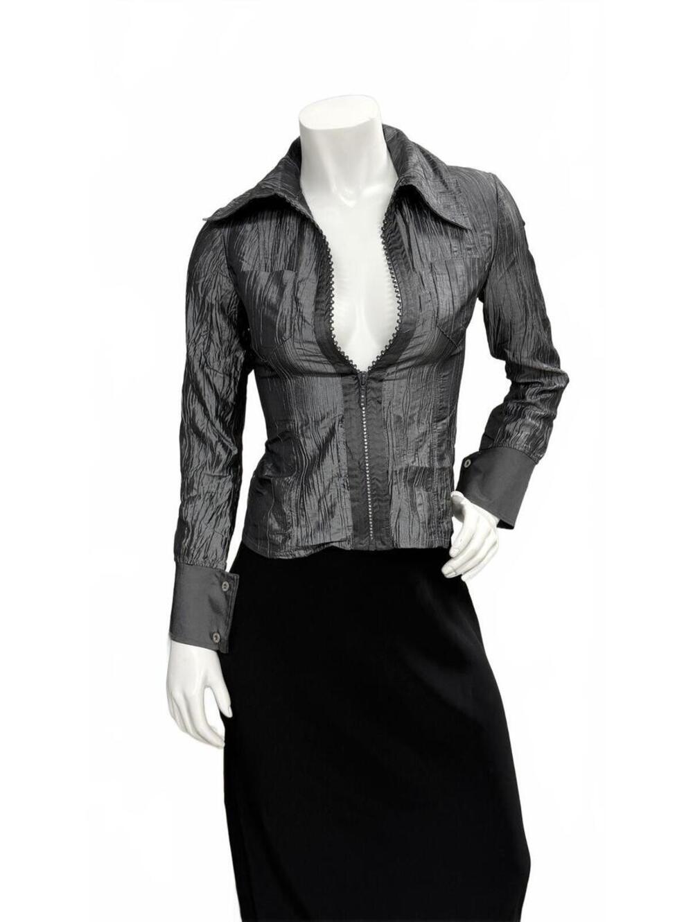 Now USA Silver Metallic Blouse Crinkle Textured Zip Front Studded Trim